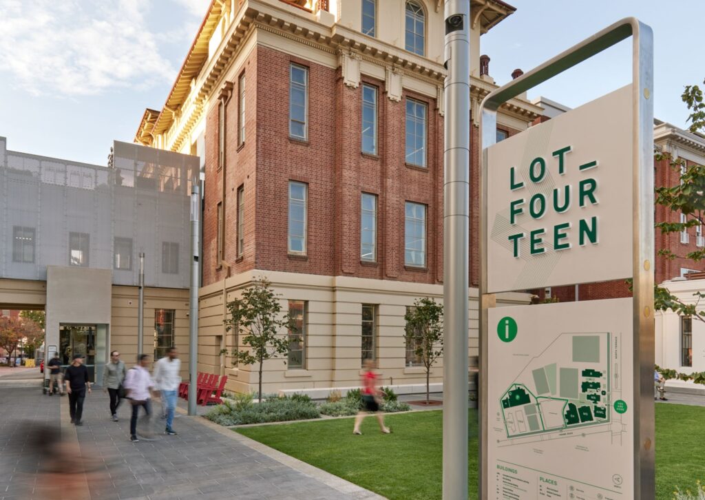 Lot Fourteen North Terrace with navigational signs for over 103 organization from multiple vibrant collective of innovators 